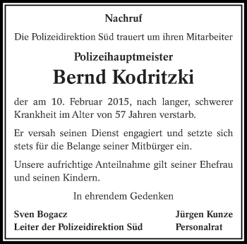 Traueranzeige von Bernd Kodritzki von lausitzer_rundschau