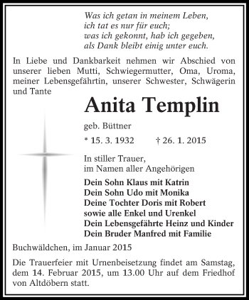 Traueranzeige von Anita Templin von lausitzer_rundschau