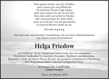 Traueranzeige von Helga Friedow von lausitzer_rundschau