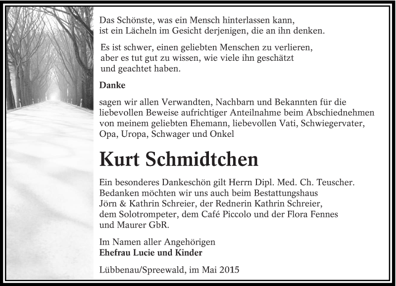  Traueranzeige für Kurt Schmidtchen vom 17.05.2015 aus lausitzer_rundschau