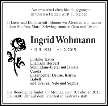 Traueranzeige von Ingrid Wohmann von lausitzer_rundschau
