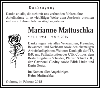 Traueranzeige von Marianne Mattuschka von lausitzer_rundschau