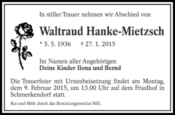 Traueranzeige von Waltraud Hanke-Mietzsch von lausitzer_rundschau
