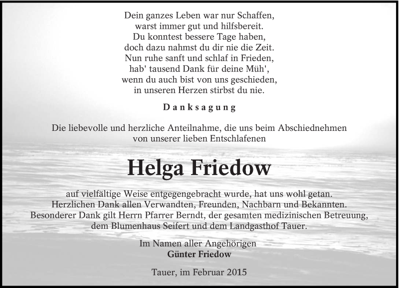  Traueranzeige für Helga Friedow vom 14.02.2015 aus lausitzer_rundschau