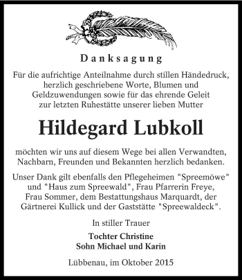 Traueranzeige von Hildegard Lubkoll von lausitzer_rundschau