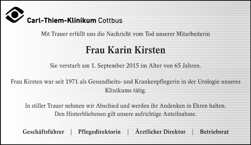  Traueranzeige für Karin Kirsten vom 26.10.2015 aus lausitzer_rundschau