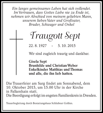 Traueranzeige von Traugott Sept von lausitzer_rundschau