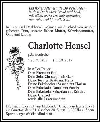 Traueranzeige von Charlotte Hensel von lausitzer_rundschau