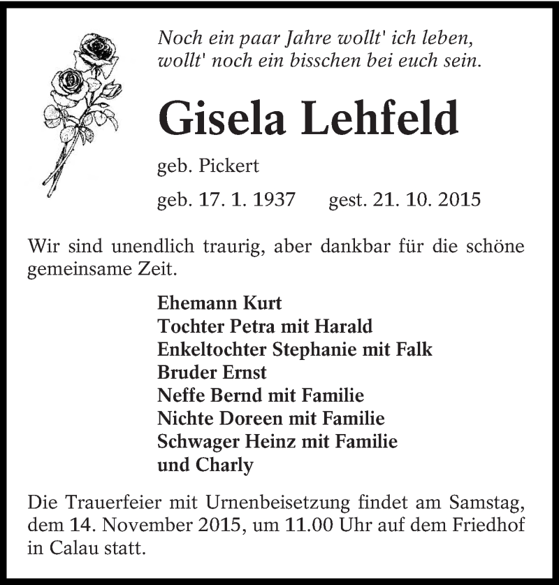  Traueranzeige für Gisela Lehfeld vom 30.10.2015 aus lausitzer_rundschau