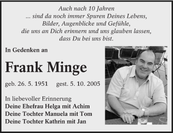 Traueranzeige von Frank Minge von lausitzer_rundschau