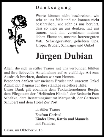 Traueranzeige von Jürgen Dubian von lausitzer_rundschau