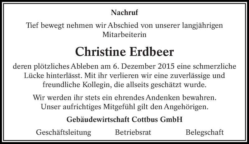  Traueranzeige für Christine Erdbeer vom 22.12.2015 aus lausitzer_rundschau