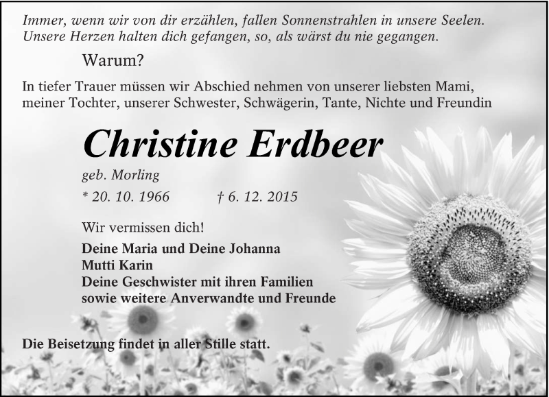  Traueranzeige für Christine Erdbeer vom 19.12.2015 aus lausitzer_rundschau