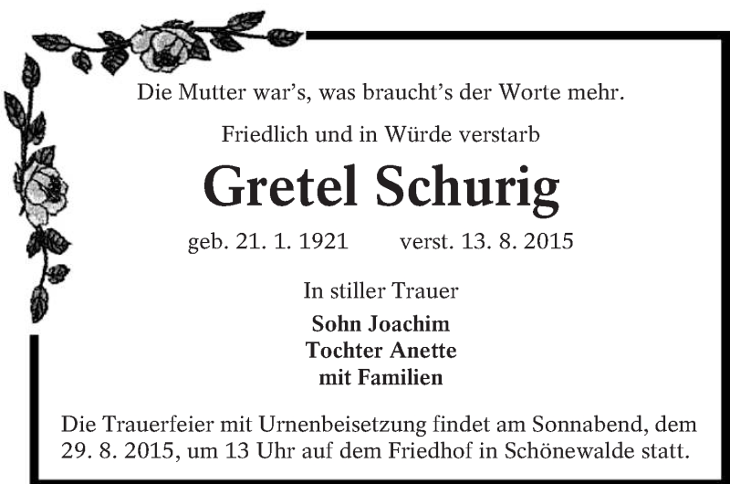  Traueranzeige für Gretel Schurig vom 22.08.2015 aus lausitzer_rundschau