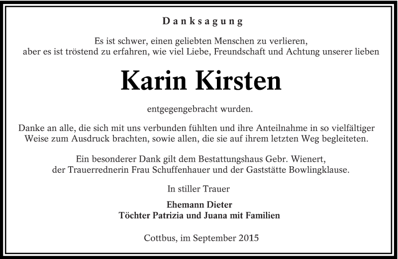  Traueranzeige für Karin Kirsten vom 26.09.2015 aus lausitzer_rundschau