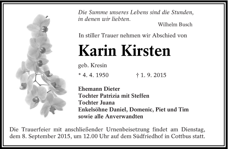  Traueranzeige für Karin Kirsten vom 05.09.2015 aus lausitzer_rundschau