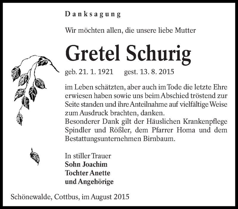  Traueranzeige für Gretel Schurig vom 05.09.2015 aus lausitzer_rundschau