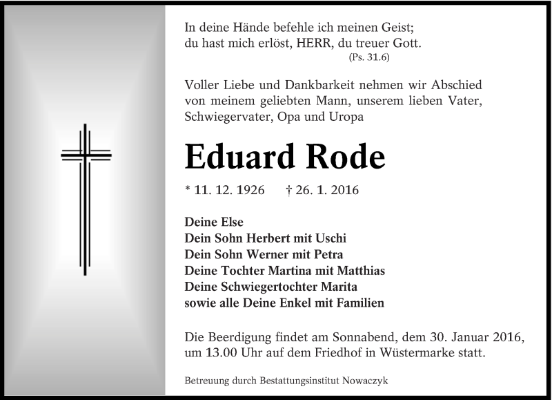  Traueranzeige für Eduard Rode vom 28.01.2016 aus lausitzer_rundschau