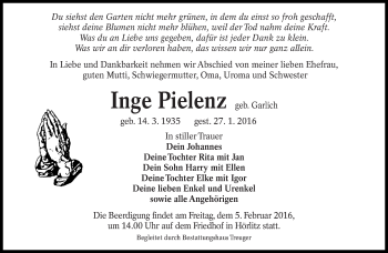 Traueranzeige von Inge Pielenz von lausitzer_rundschau