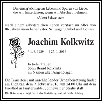 Traueranzeige von Joachim Kolkwitz von lausitzer_rundschau