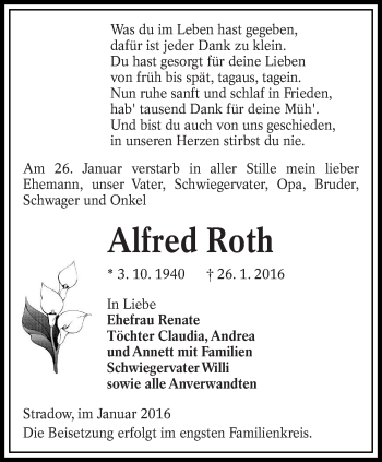 Traueranzeige von Alfred Roth von lausitzer_rundschau
