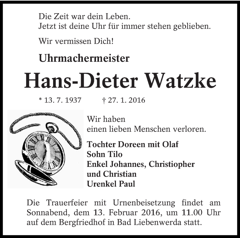  Traueranzeige für Hans-Dieter Watzke vom 30.01.2016 aus lausitzer_rundschau