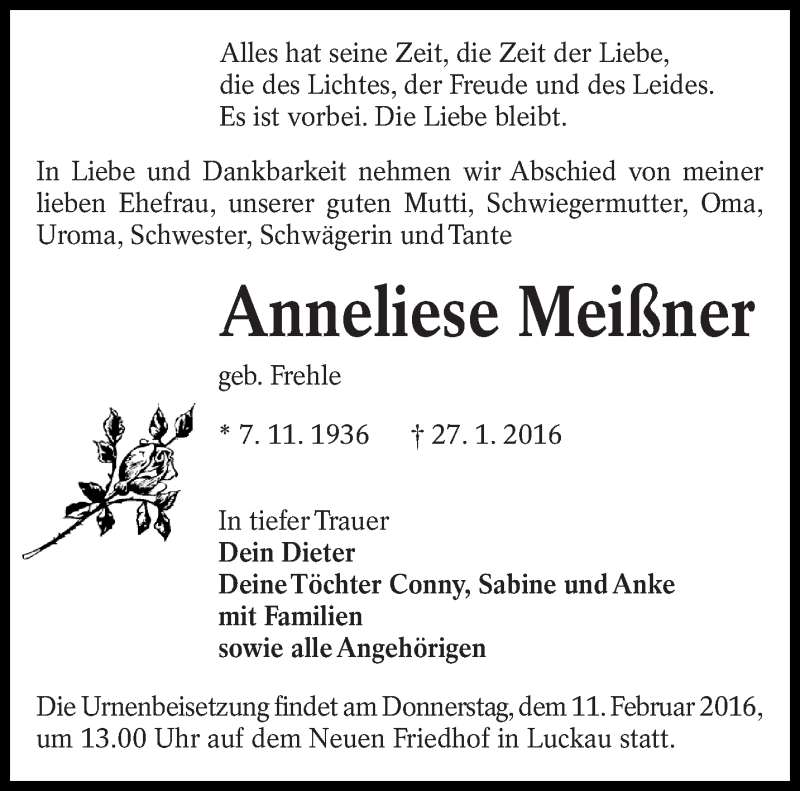  Traueranzeige für Anneliese Meißner vom 30.01.2016 aus lausitzer_rundschau
