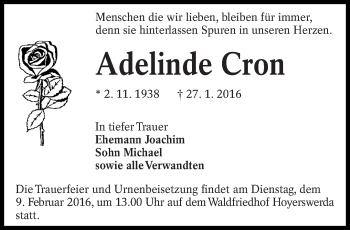 Traueranzeige von Adelinde Cron von lausitzer_rundschau