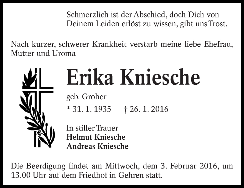  Traueranzeige für Erika Kniesche vom 30.01.2016 aus lausitzer_rundschau