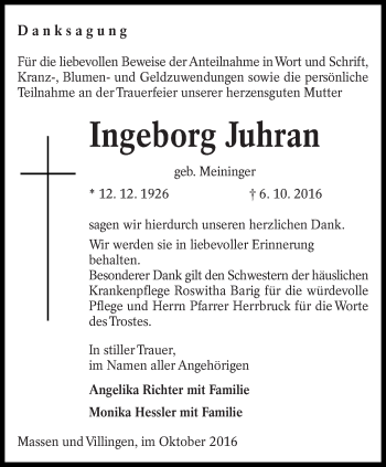 Traueranzeige von Ingeborg Juhran von lausitzer_rundschau