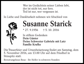 Traueranzeige von Susanne Starick von lausitzer_rundschau