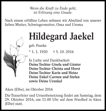 Traueranzeige von Hildegard Jaekel von lausitzer_rundschau