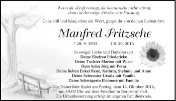 Traueranzeige von Manfred Fritzsche von lausitzer_rundschau