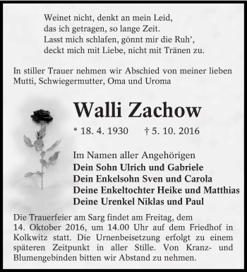 Traueranzeige von Walli Zachow von lausitzer_rundschau