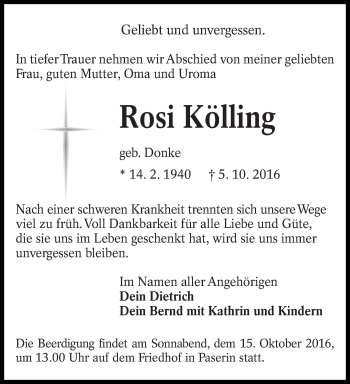 Traueranzeige von Rosi Kölling von lausitzer_rundschau