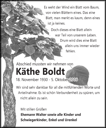 Traueranzeige von Käthe Boldt von lausitzer_rundschau