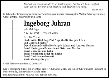 Traueranzeige von Ingeborg Juhran von lausitzer_rundschau