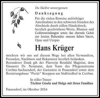 Traueranzeige von Hans Krüger von lausitzer_rundschau