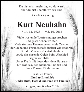 Traueranzeige von Kurt Neuhahn von lausitzer_rundschau