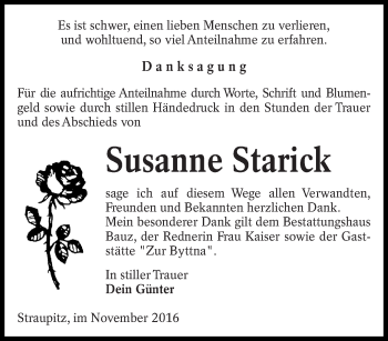 Traueranzeige von Susanne Starick von lausitzer_rundschau