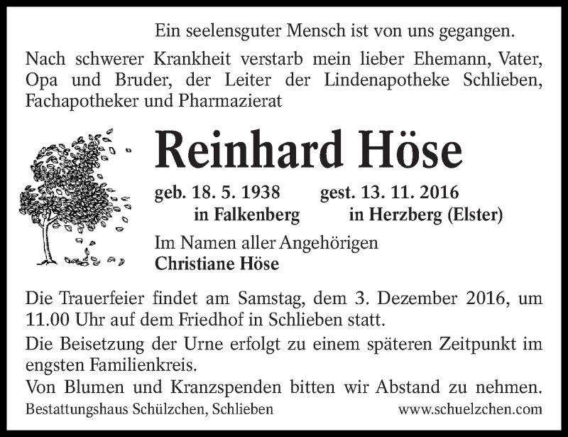  Traueranzeige für Reinhard Höse vom 18.11.2016 aus lausitzer_rundschau