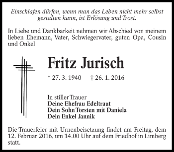 Traueranzeige von Fritz Jurisch von lausitzer_rundschau