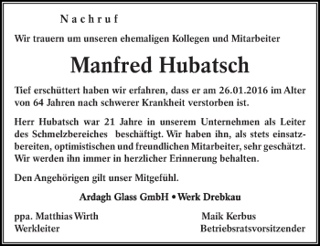 Traueranzeige von Manfred Hubatsch von lausitzer_rundschau
