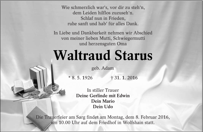  Traueranzeige für Waltraud Starus vom 04.02.2016 aus lausitzer_rundschau