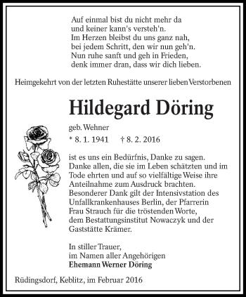 Traueranzeige von Hildegard Döring von lausitzer_rundschau