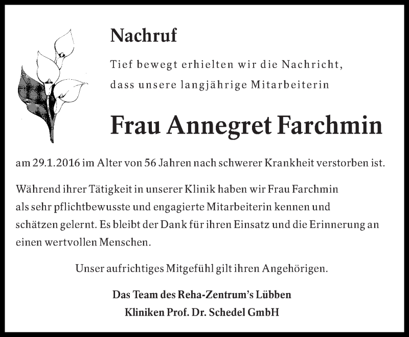  Traueranzeige für Annegret Farchmin vom 10.02.2016 aus lausitzer_rundschau