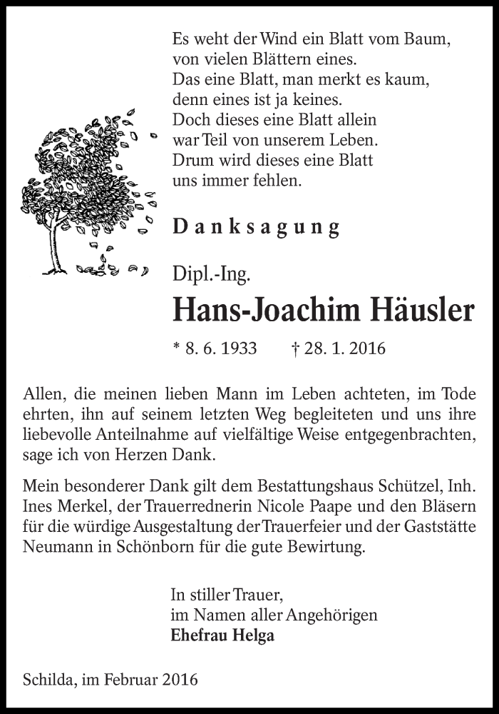  Traueranzeige für Hans-Joachim Häusler vom 20.02.2016 aus lausitzer_rundschau