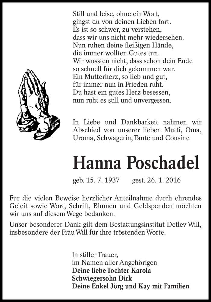  Traueranzeige für Hanna Poschadel vom 13.02.2016 aus lausitzer_rundschau