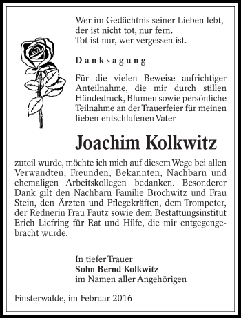 Traueranzeige von Joachim Kolkwitz von lausitzer_rundschau
