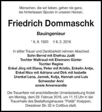 Traueranzeige von Friedrich Dommaschk von lausitzer_rundschau